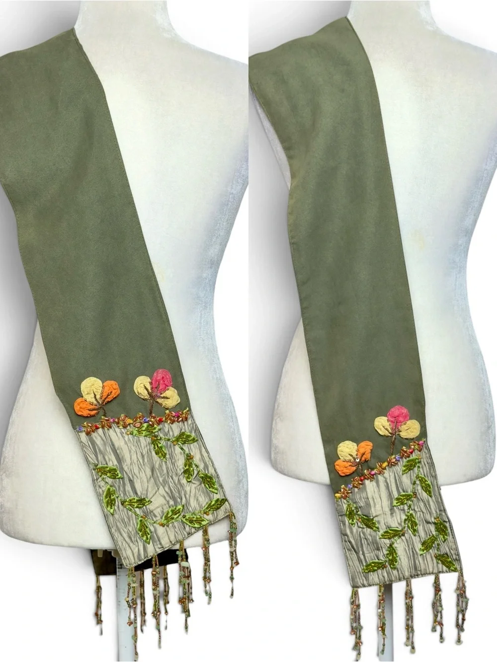 Vintage Mary Frances 100% Silk Beaded Scarf Olive Green Floral Tulip Fringe